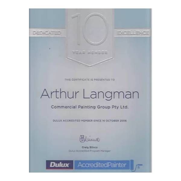 A Certificate That Says Arthur Langman Commercial Painting Group Pty Ltd — Commercial Painting Group in Kembla Grange, NSW