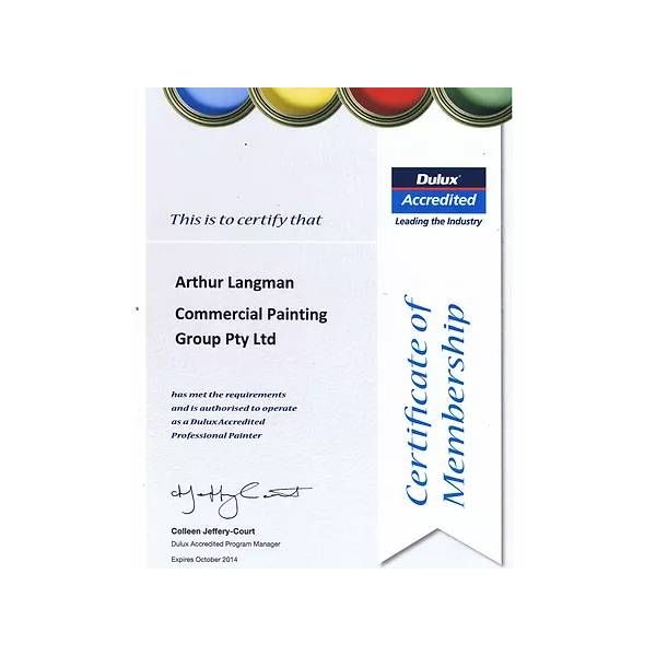 A Certificate of Membership for Arthur Langman Commercial Painting Group Pty Ltd — Commercial Painting Group in Kembla Grange, NSW