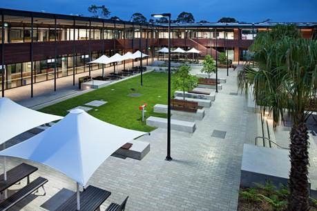 A courtyard at a university with white umbrellas and a grass field — Commercial Painting Group in Kembla Grange, NSW