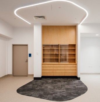 A room with wooden cupboards and a grey carpet — Commercial Painting Group in Kembla Grange, NSW