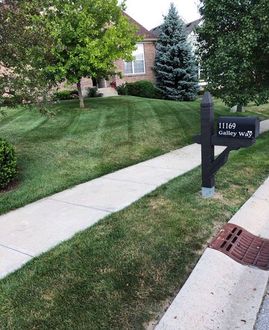 A well-manicured lawn with a sidewalk, mailbox, and house in the background.