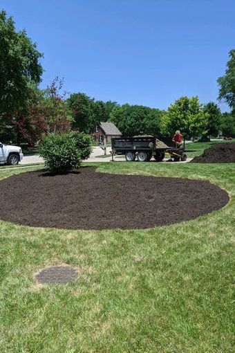 Lawn with freshly mulched garden beds, a trailer, and a person spreading mulch. Blue sky.