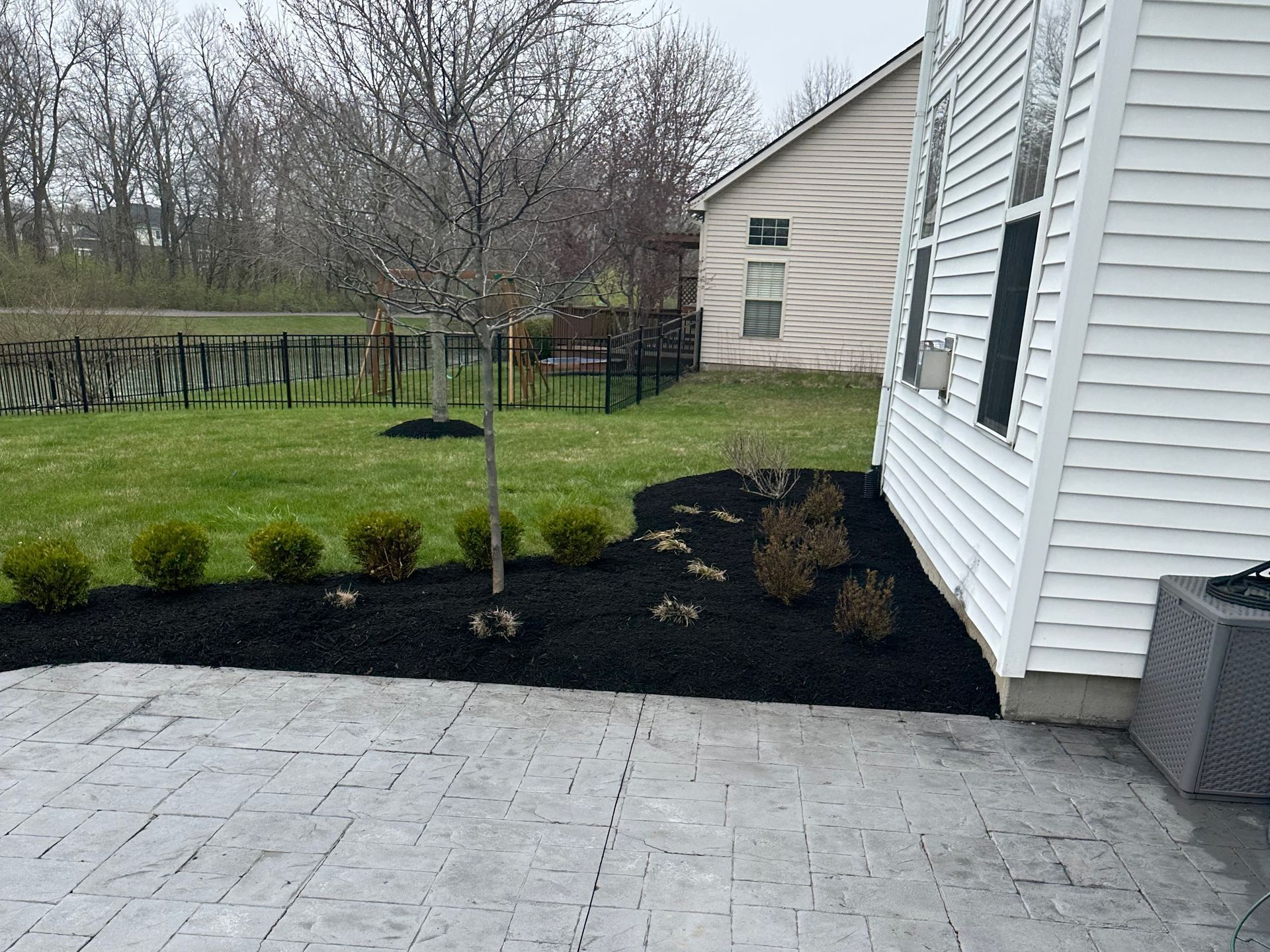 Backyard with lawn, landscaping, patio, and a white house.