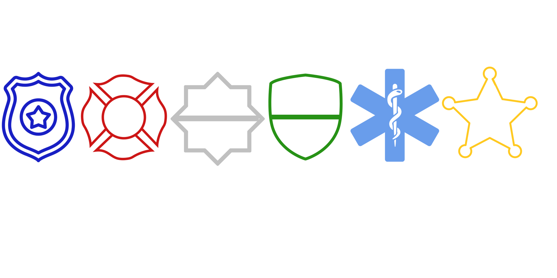 Logos representing police, fire, military, green shield, ambulance, and sheriff.