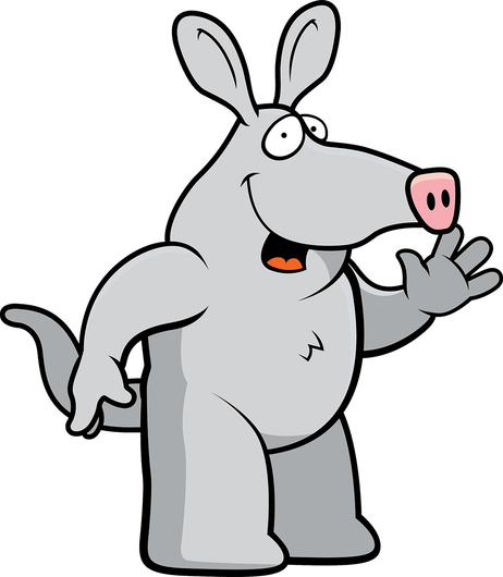 Cartoon aardvark waving with a smiling expression. Gray body with a pink nose.