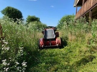 Red riding lawnmower cutting a path through tall grass on a sunny day near a house.