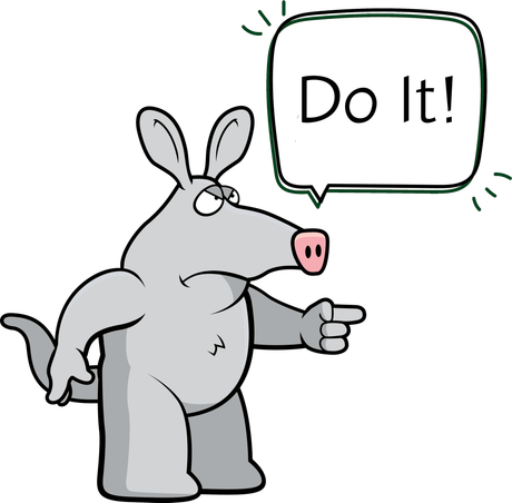 Cartoon aardvark pointing with a speech bubble saying