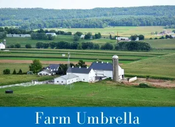 White farm buildings and a silo in a green countryside landscape with “Farm Umbrella” text.