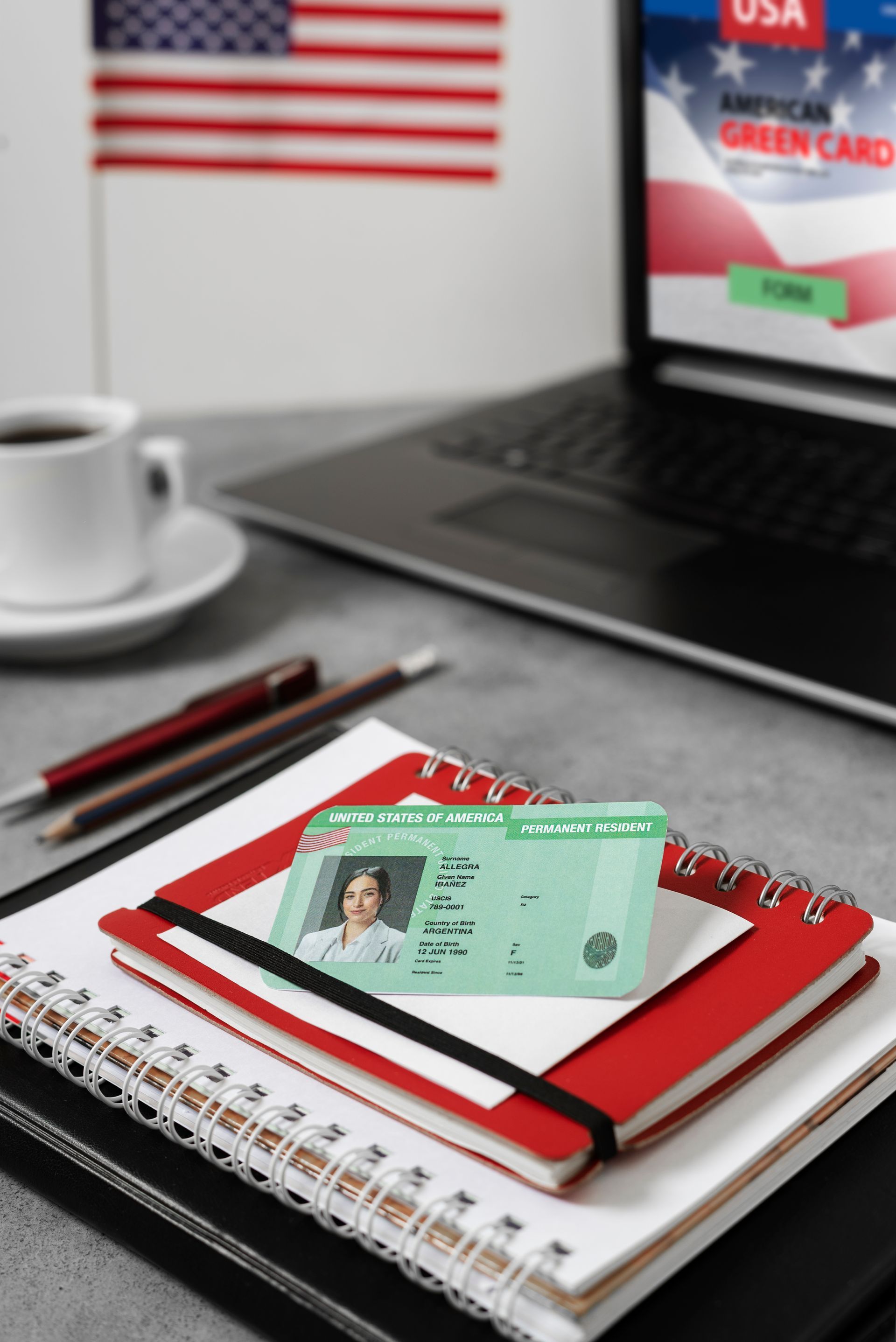 Green card on a red notebook, next to laptop with 
