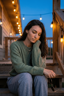 Woman in green sweater sits on wooden steps, holding glasses, looking down, string lights overhead.