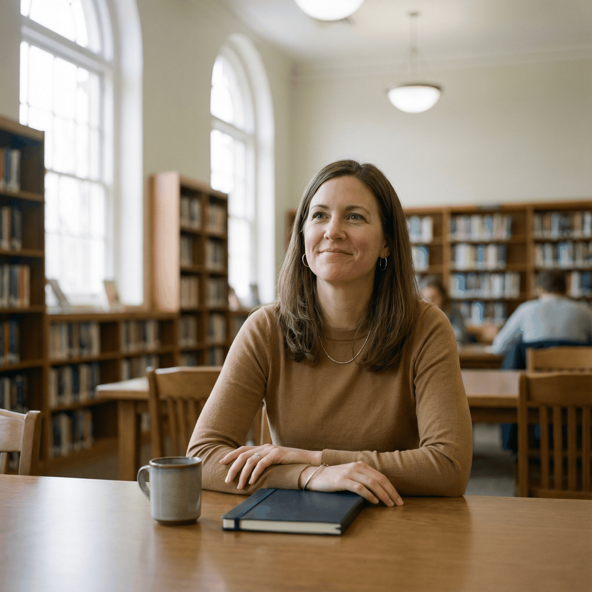 Woman sitting at table in library, looking up thoughtfully; mug, book on table.