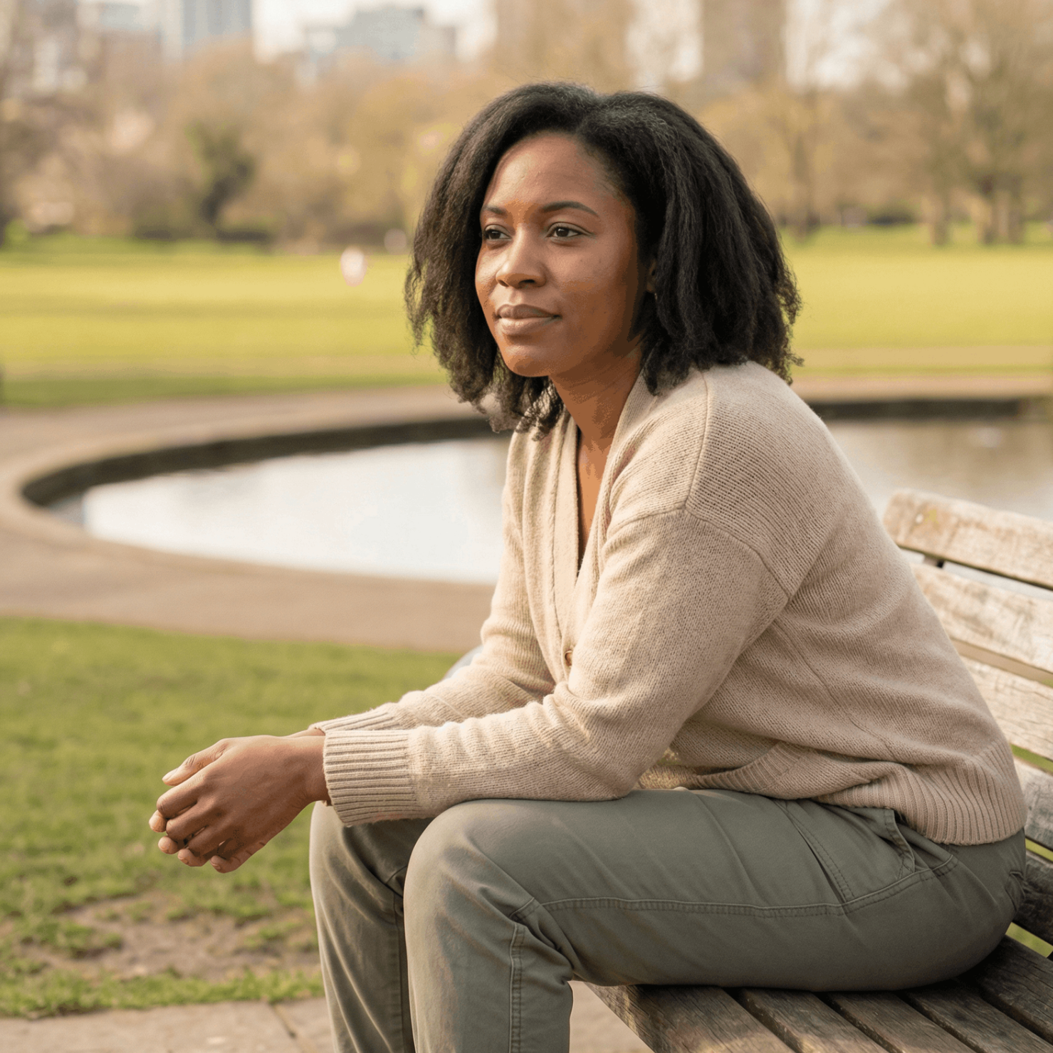 Woman sitting on a park bench, looking off to the side, near a pond and green space.