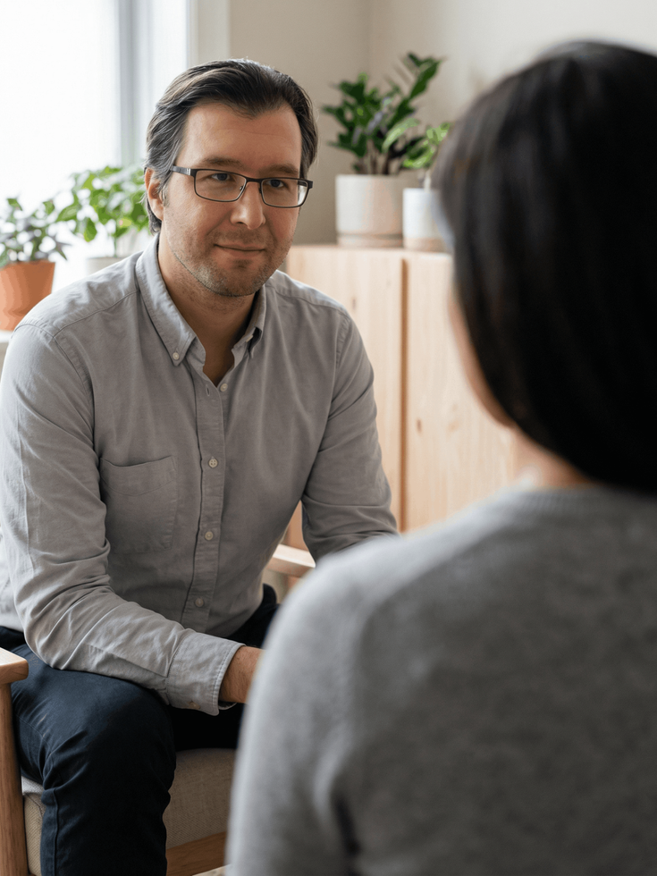 Man with glasses in a light blue shirt listens to a person in a gray sweater. They are seated indoors.