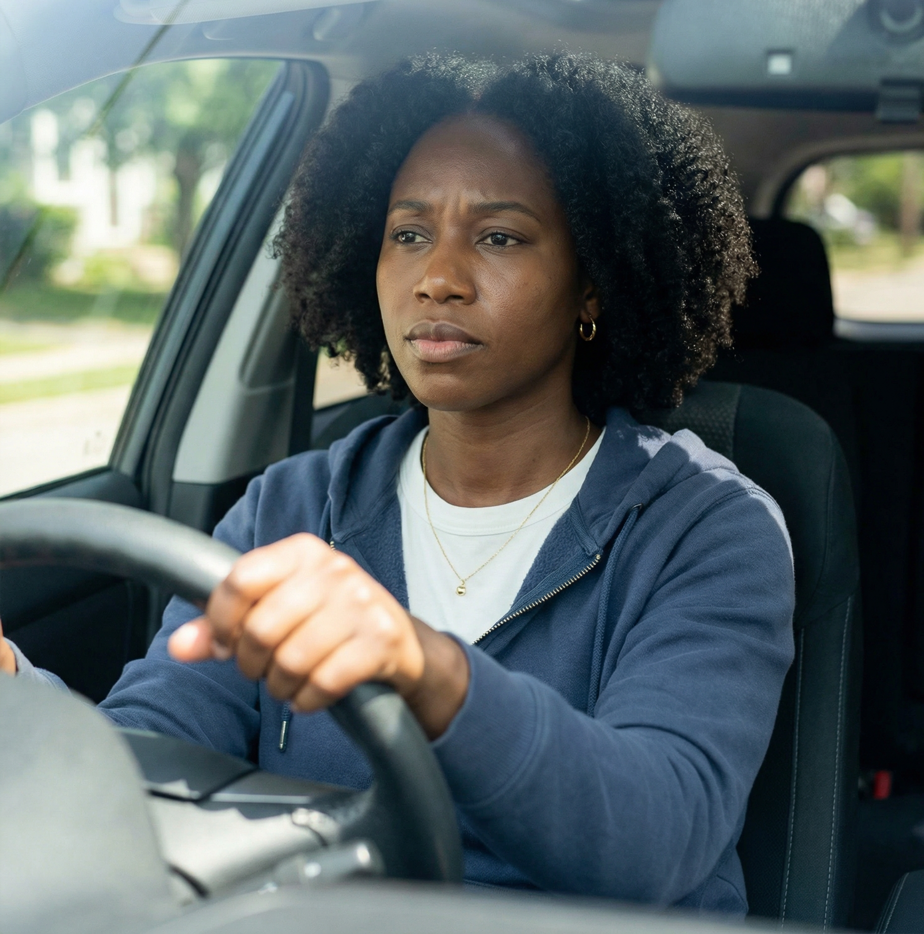 Woman driving a car, looking focused. She's wearing a blue hoodie and white shirt. Daytime, interior shot.