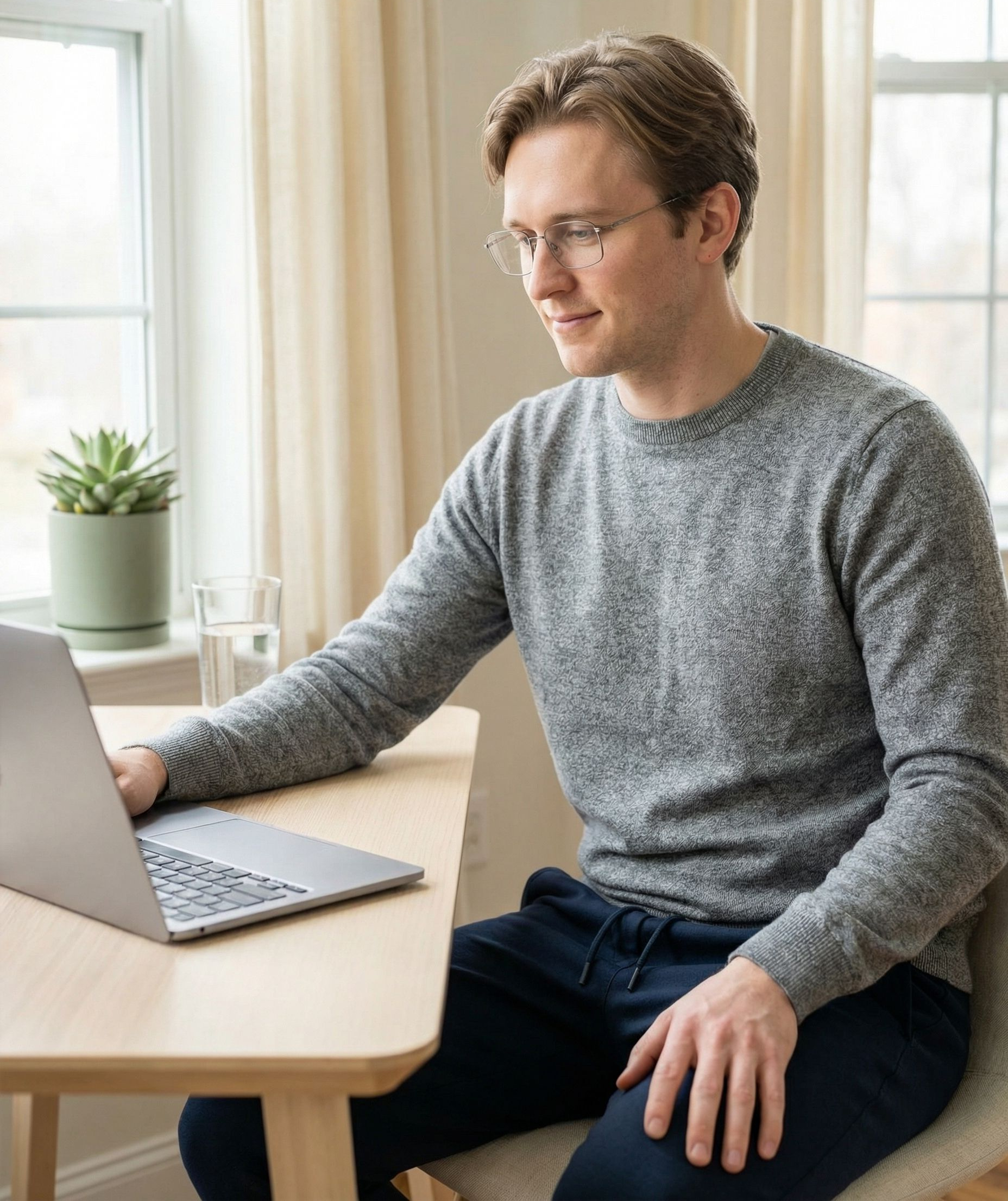 Man with glasses using a laptop at a table, near a window and plant. He is smiling.