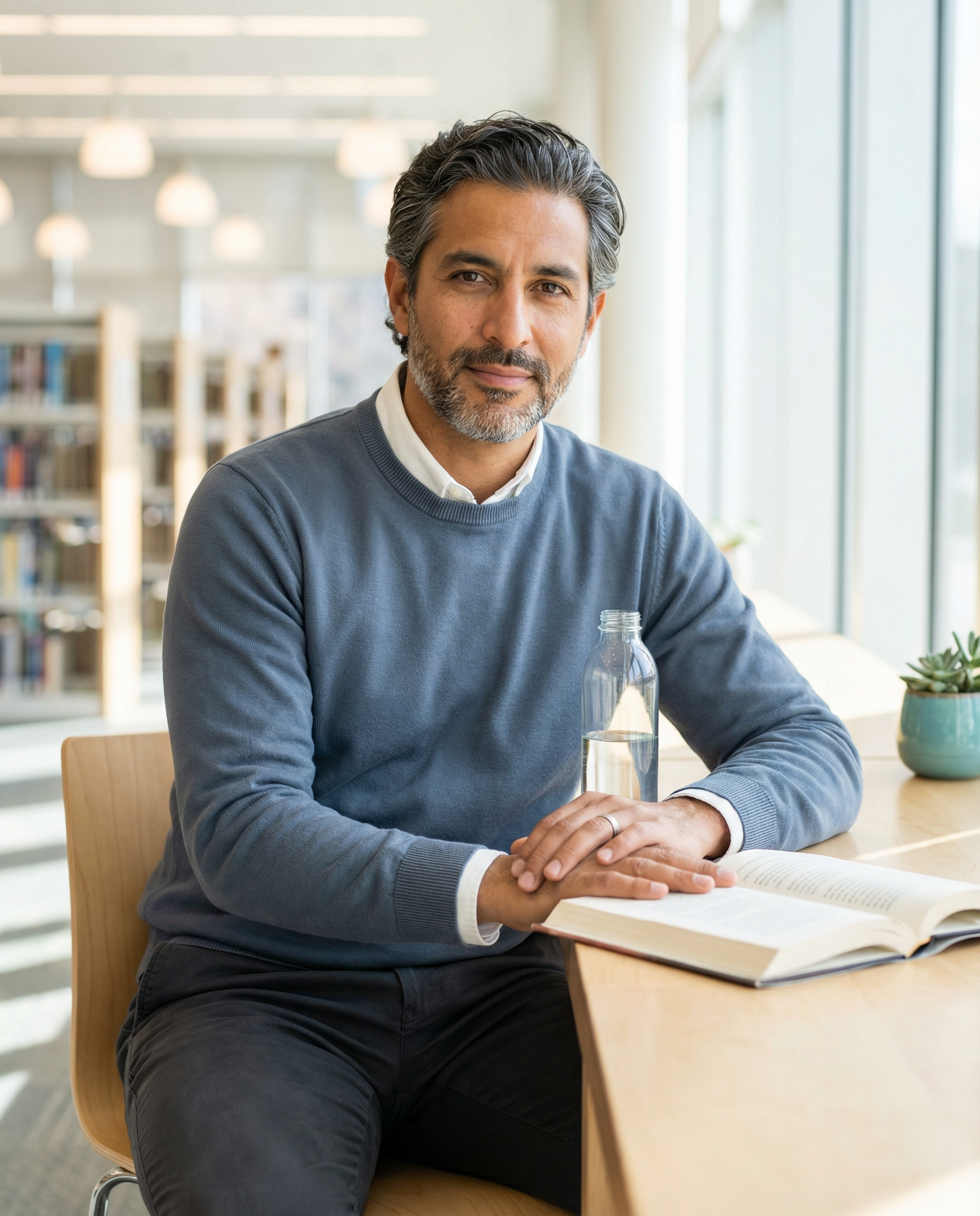 Man with graying hair sits at a table in a library, looking at the camera.