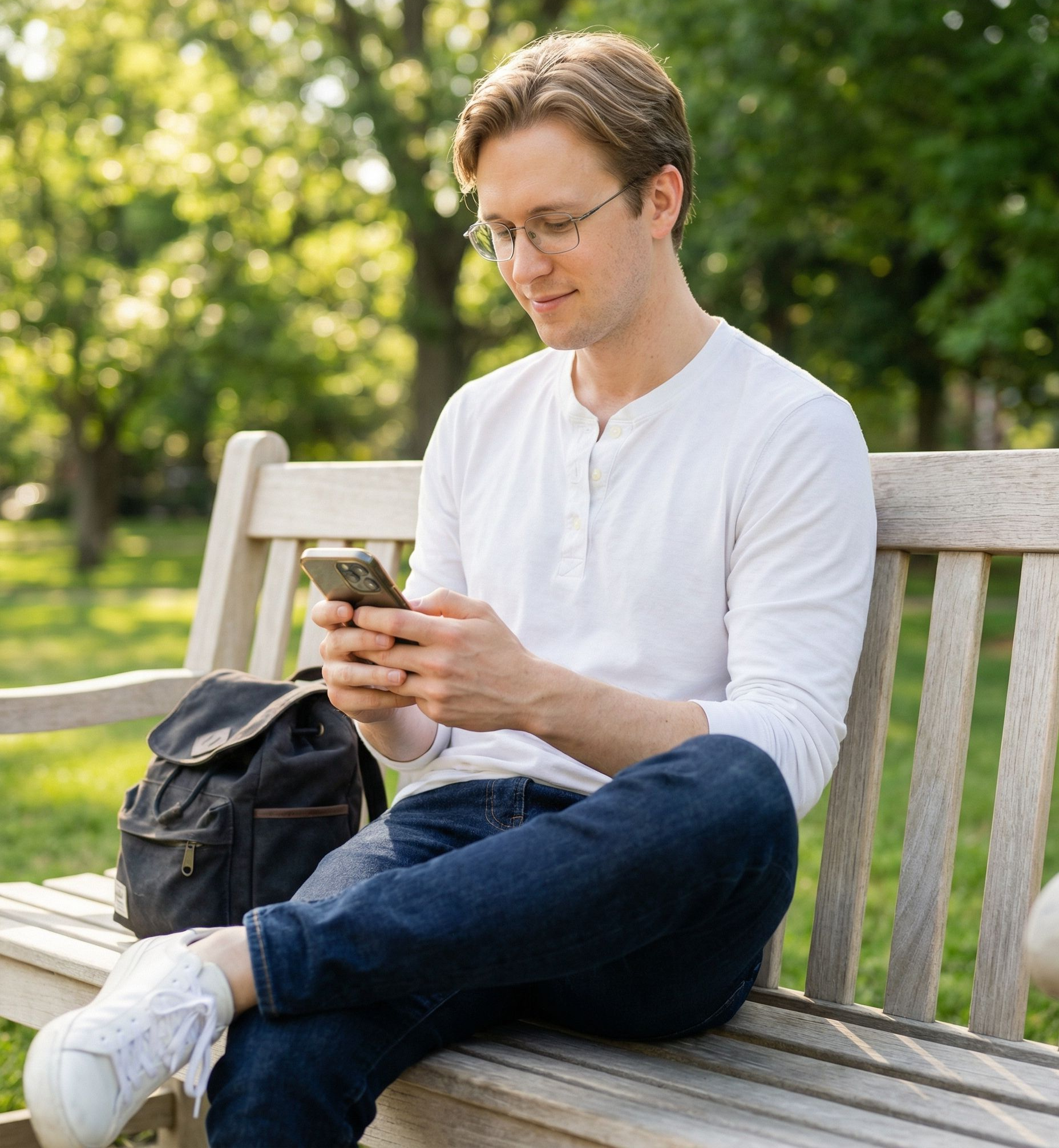 Man in glasses looks at phone while sitting on a bench in a park; backpack next to him.