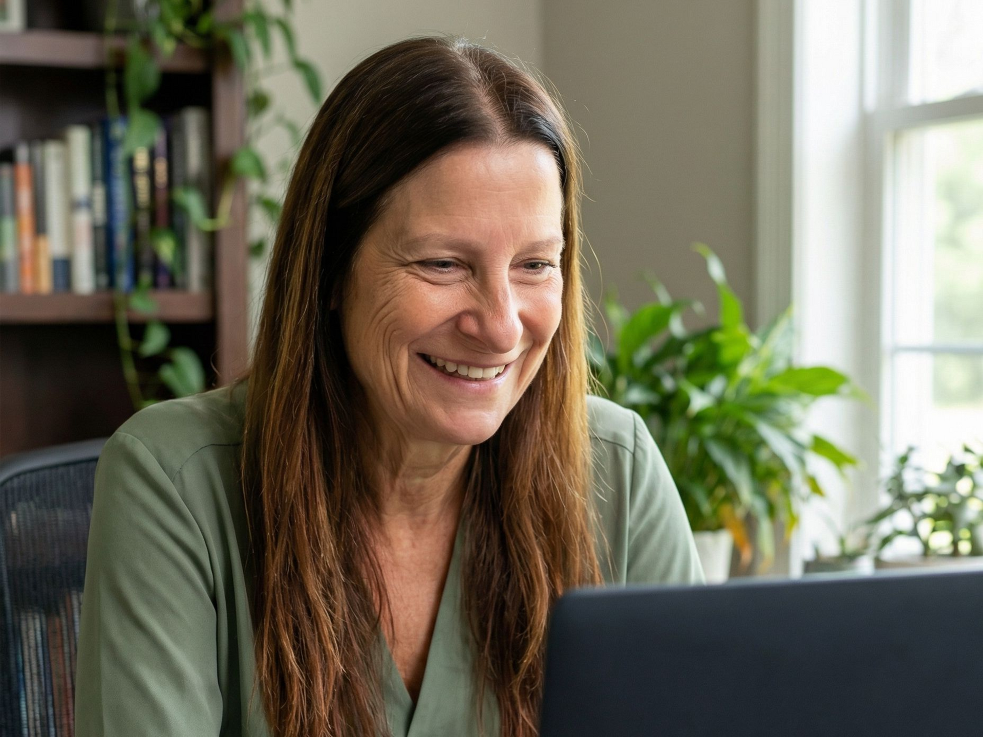 Woman with long brown hair smiles while looking at a laptop.