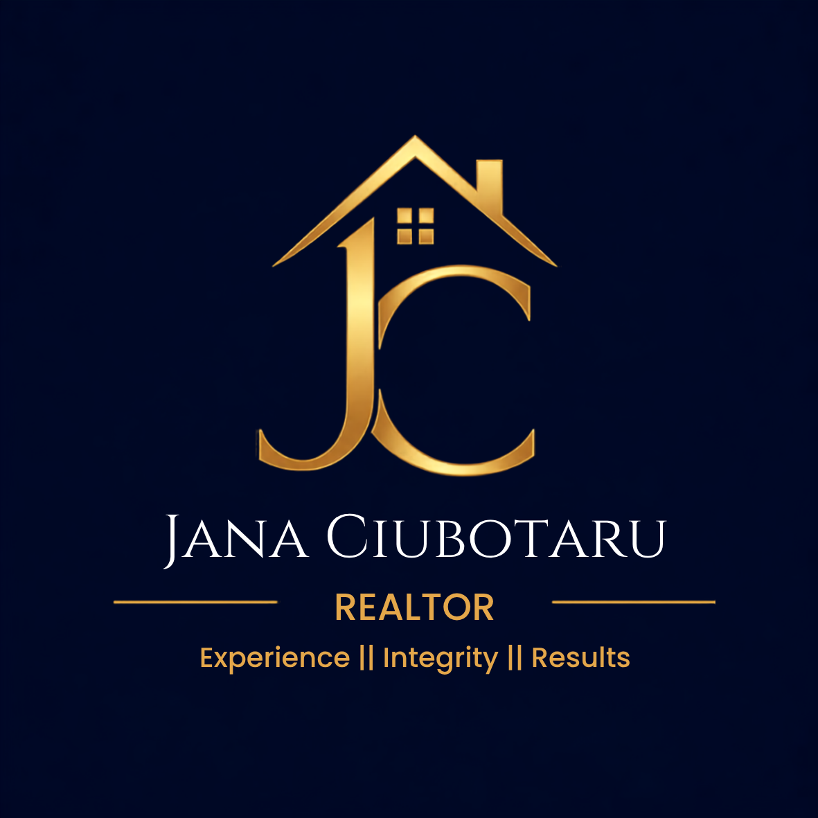Gold JC monogram with house roof, Jana Ciubotaru Real Estate logo on dark blue background