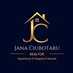 Gold JC monogram with house roof, Jana Ciubotaru Real Estate logo on dark blue background