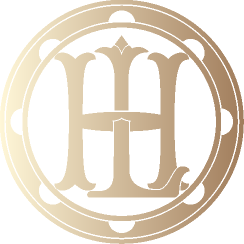 Gold monogram with a stylized “H” inside a circular ornamental border on a white background