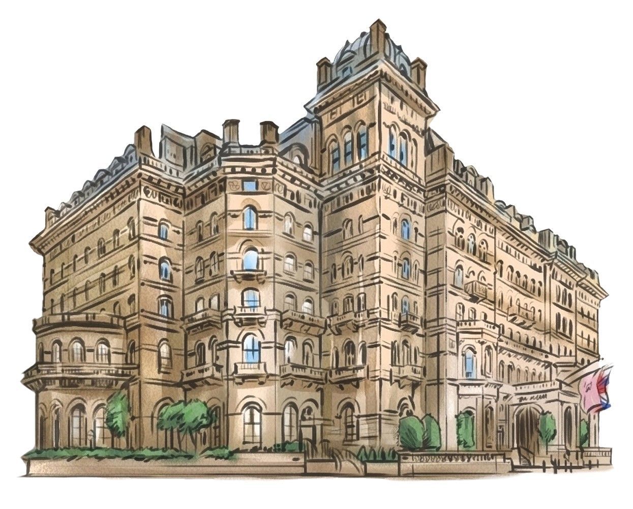 Illustrated beige historic apartment building with ornate façade and street trees