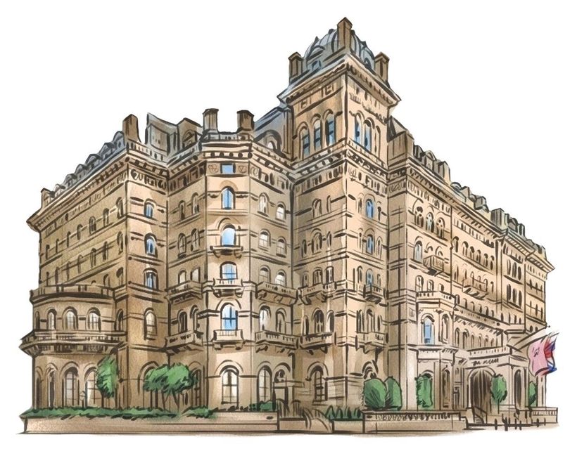 Illustrated historic beige apartment building with ornate facades and street-level trees on a city corner