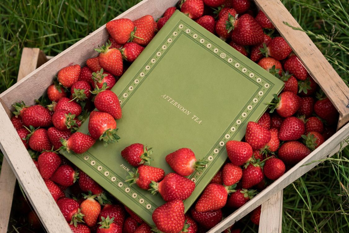 Green book surrounded by fresh strawberries in a wooden crate outdoors