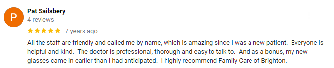 Review from Pat Saisbery for Family Care of Brighton, with a 5-star rating and a positive comment.