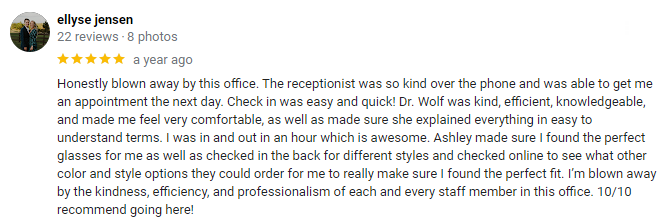 Review of a business with text and star ratings; the reviewer recommends the business.