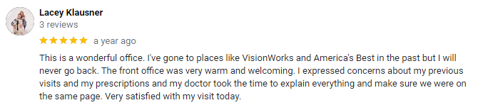 A customer review for a doctor's office, giving it a five-star rating. The reviewer expresses satisfaction.