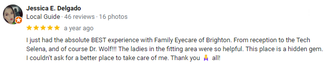 Review from Jessica E. Delgado, 5 stars, about Family Eyecare of Brighton. Praises staff and experience.