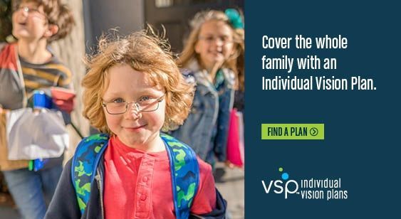 Children with backpacks. Advertisement for VSP Individual Vision Plans. Text: