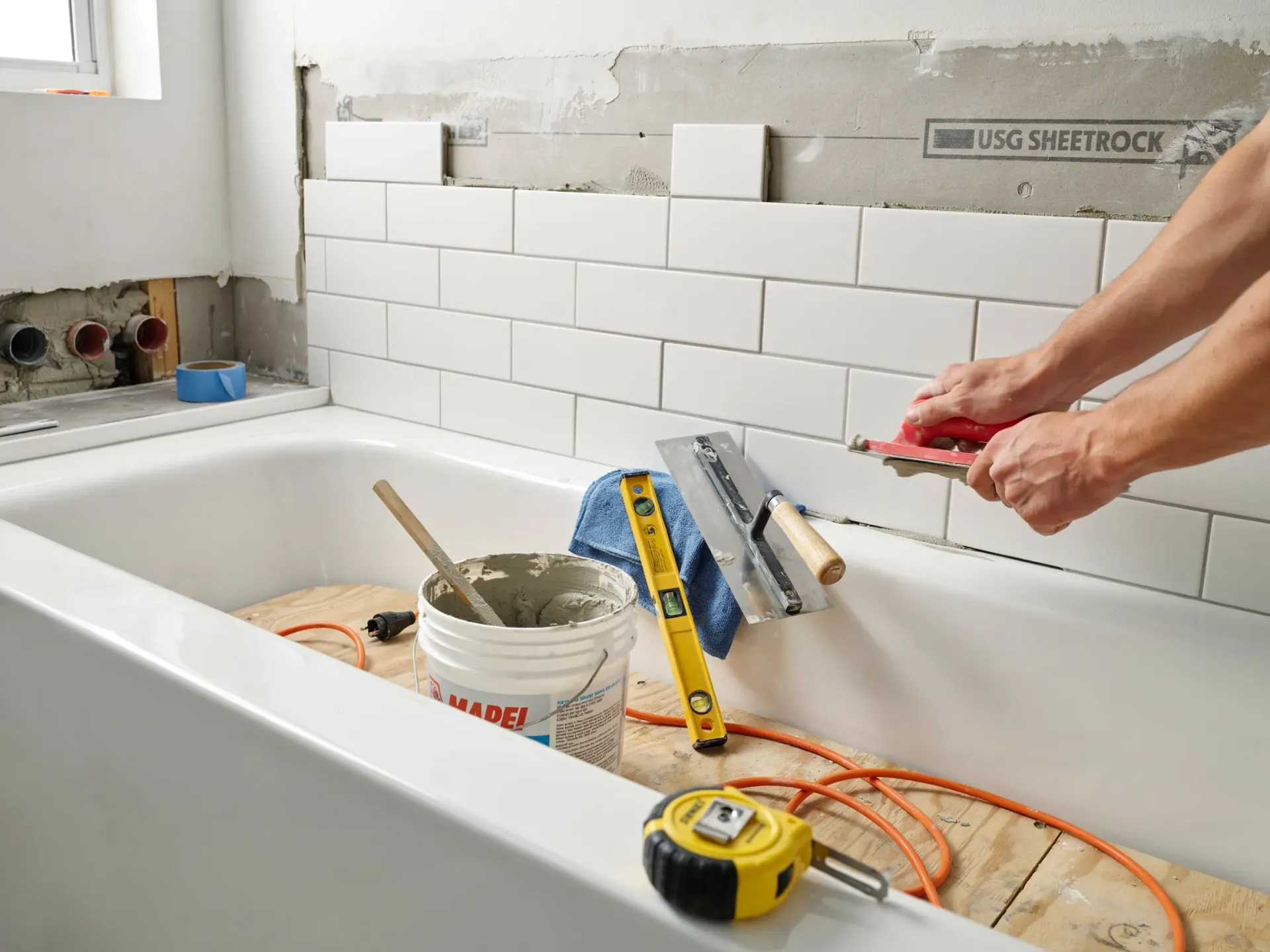 Person installing white wall tiles in a bathroom renovation, with tools and adhesive on a bathtub edge