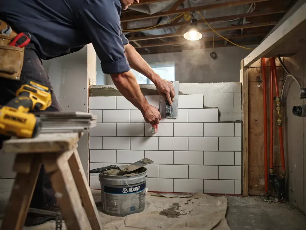 Worker laying cinder blocks in an unfinished room with exposed beams and tools.