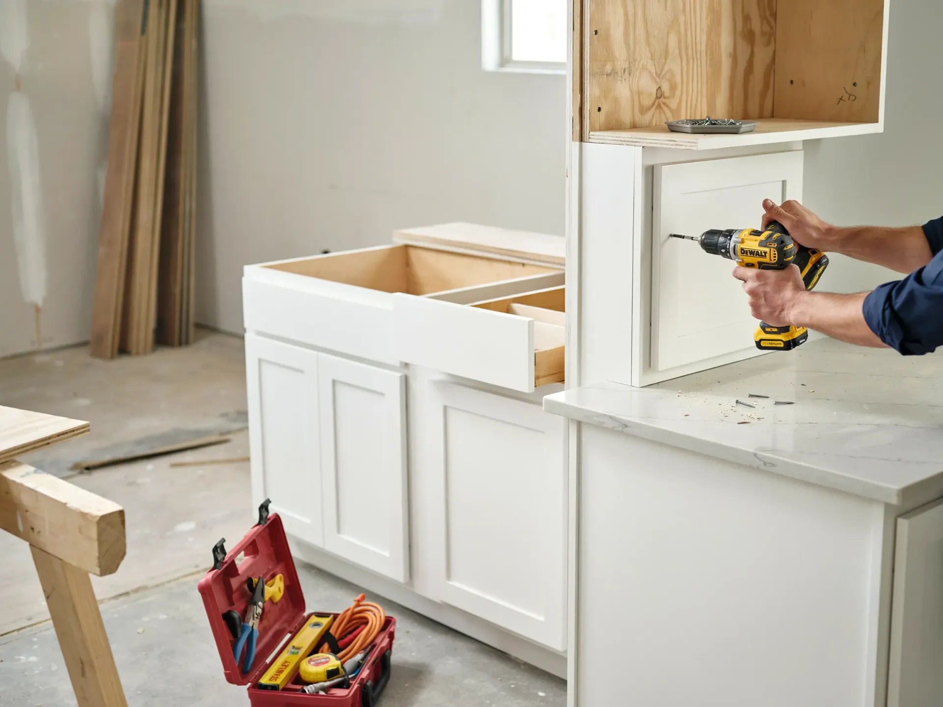 Person using a drill to install white kitchen cabinets in a room under renovation