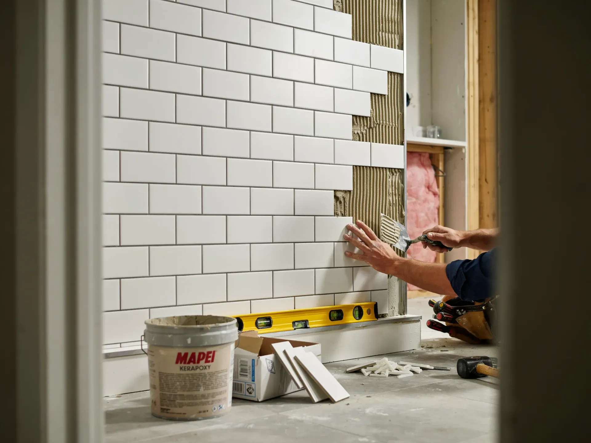 Worker tiling a wall with white subway tiles in an unfinished room, level and tools on floor