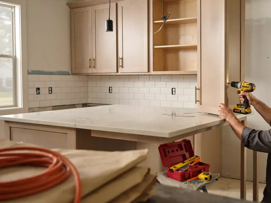 Kitchen remodel with white cabinets, quartz island, and a worker using a yellow drill on the right