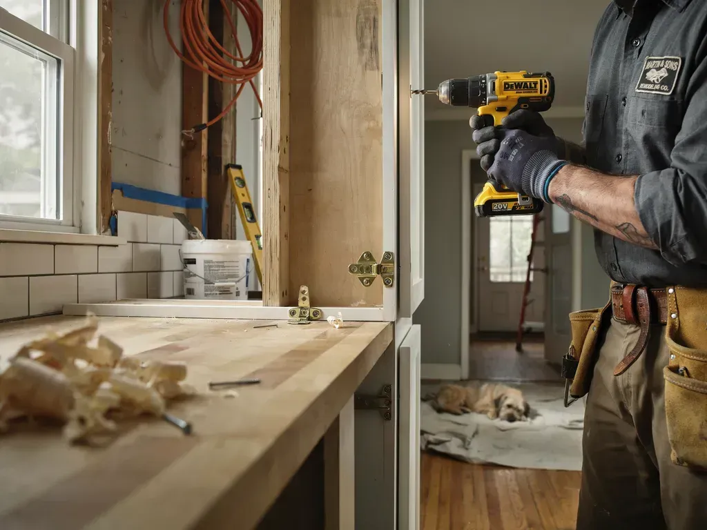 Worker drilling in a partially remodeled kitchen with exposed wiring and unfinished walls