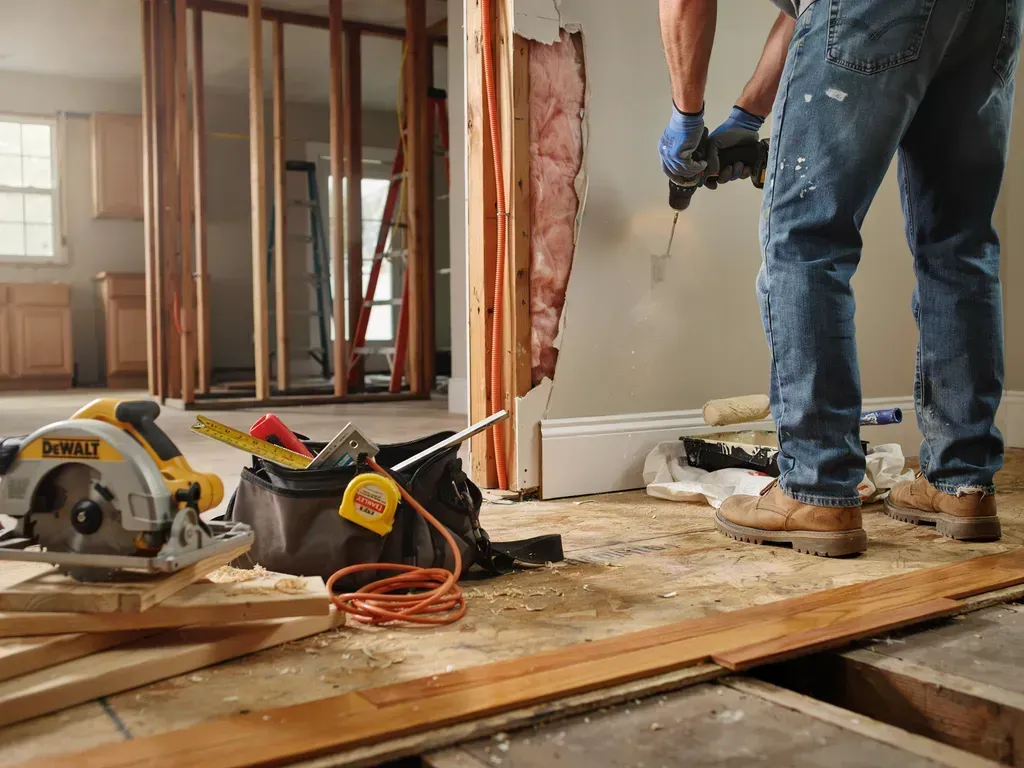 Person using a power drill during home renovation, with tools and debris on the floor.