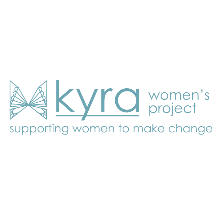 Logo for Kyra Women's Project: light teal text, butterfly graphic, supporting women to make change.