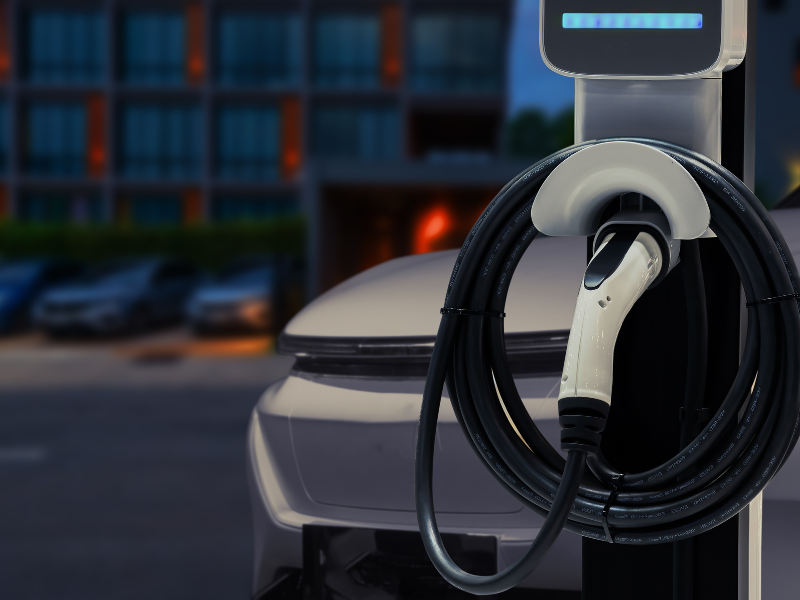 an electric car is being charged at a charging station