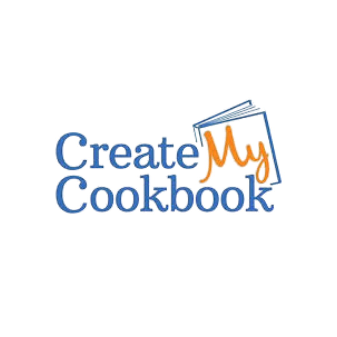Logo for CreateMyCookbook, a blue and orange design with an open cookbook illustration.