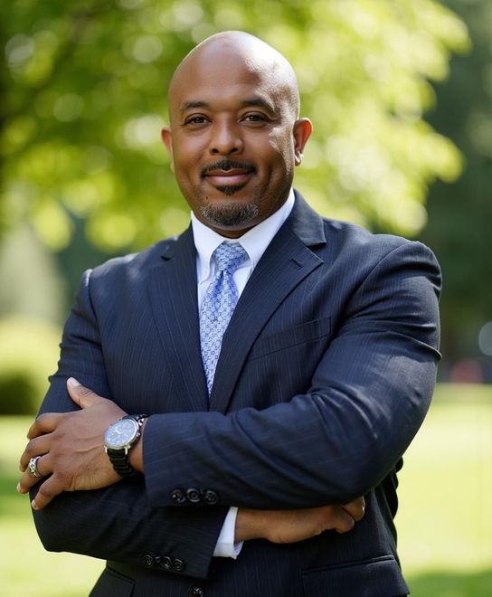 Charles Garrison in a suit with arms crossed, smiling outside with trees in the background.
