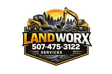 LANDWORX services logo with yellow excavators, black/orange shield, and phone number 507-475-3122