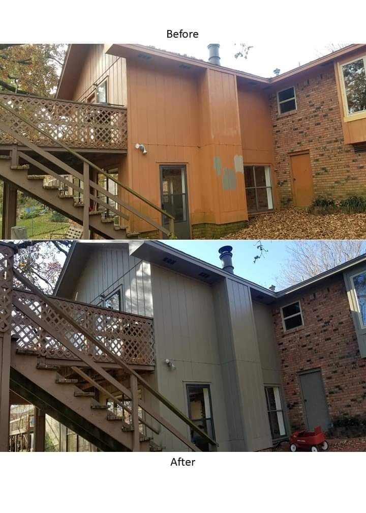 A before and after picture of a house with stairs.