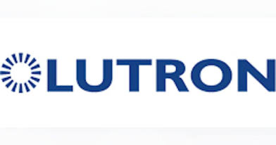 Lutron logo with a blue wordmark and an abstract sunburst design on a white background.