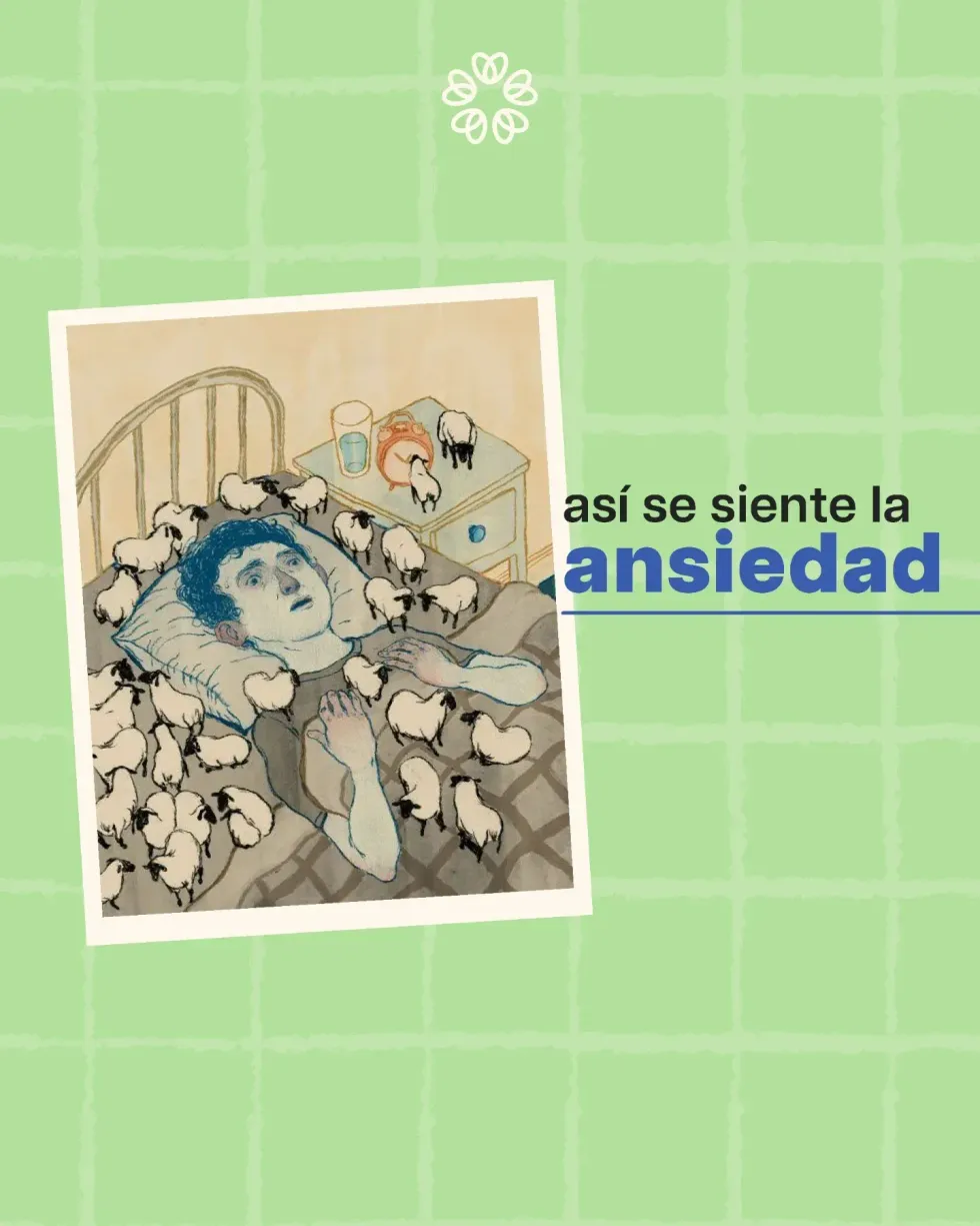 Ilustración de una persona agobiada entre papeles, con el texto “así se siente la ansiedad” sobre fondo verde.