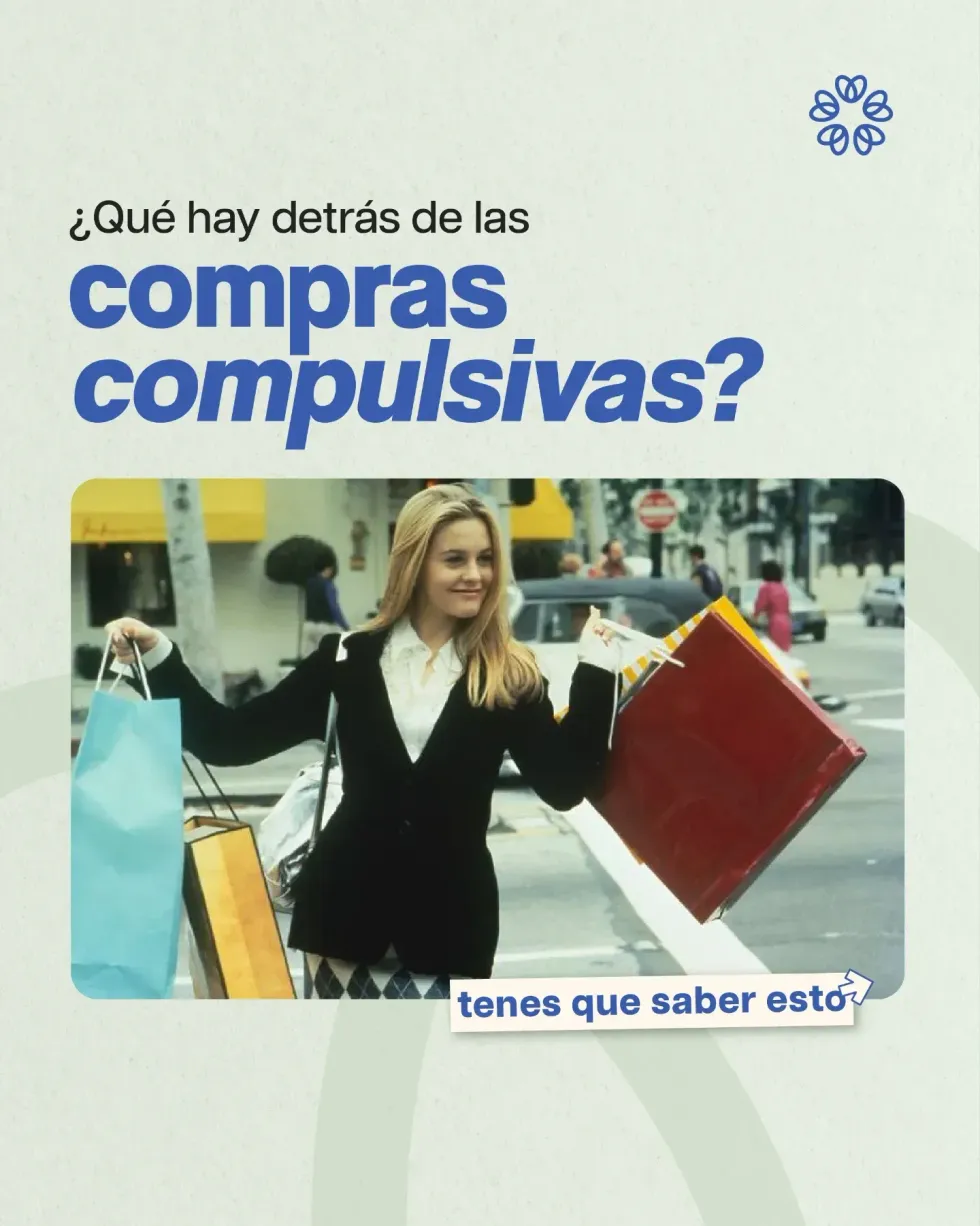 Mujer sonriente con bolsas de compras bajo el texto “¿Qué hay detrás de las compras compulsivas?”