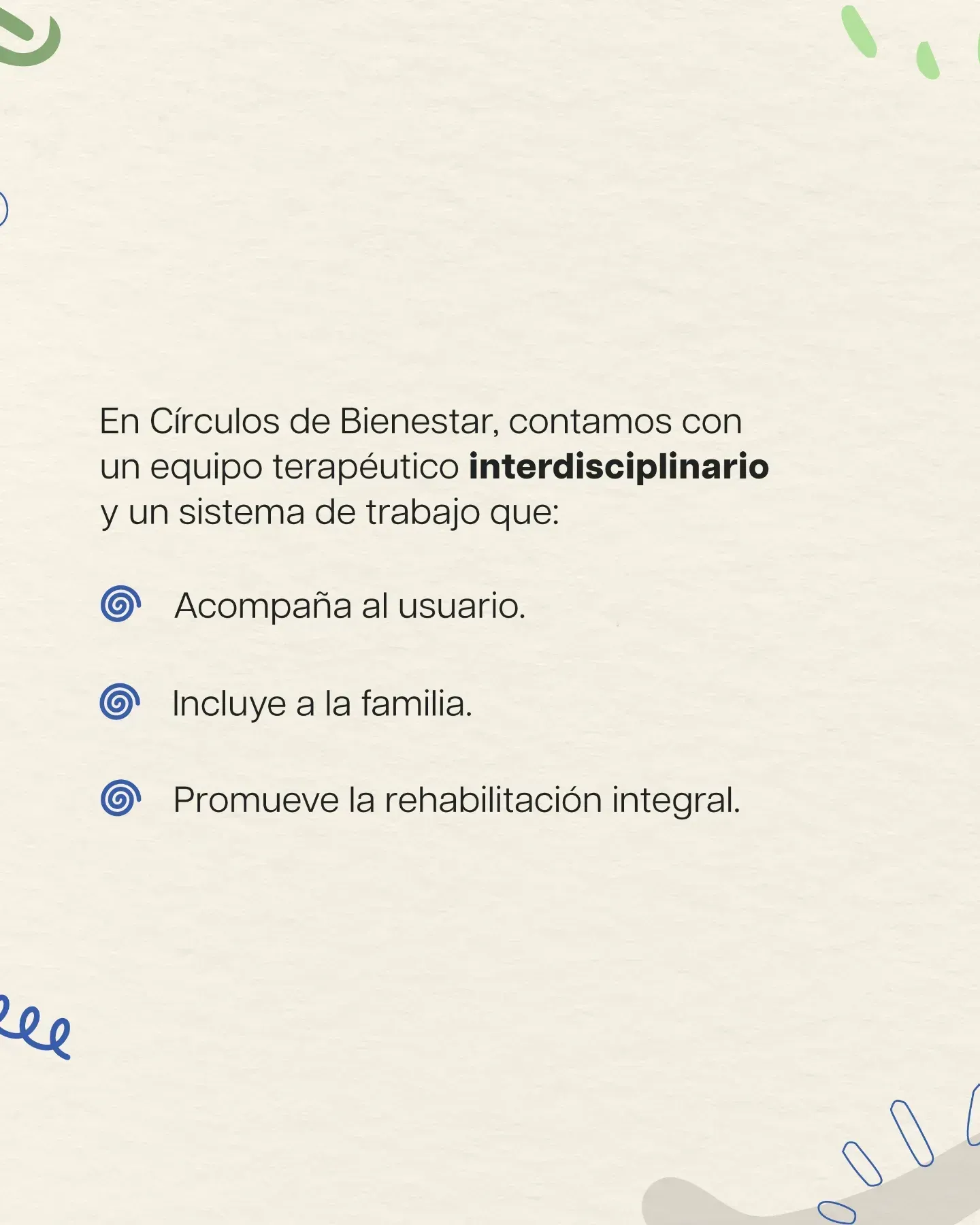 Texto en español sobre equipo interdisciplinario, con viñetas azules sobre fondo beige.